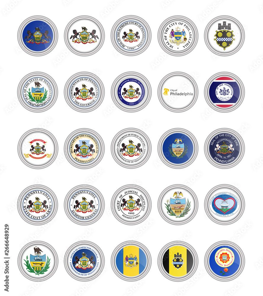 Set of vector icons. Flags and seals of Pennsylvania state, USA. 3D ...