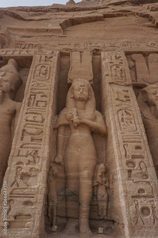 Abu Simbel, Egypt: Detail of carving at the temple of Hathor and Nefertari, (aka the Small Temple) at Abu Simbel, on the western shore of Lake Nasser. Abu Simbel, Egypt: Detail of carving at the temple of Hathor and Nefertari, (aka the Small Temple) at Abu Simbel, on the western shore of Lake Nasser.