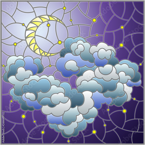 Illustration in stained glass style with celestial landscape, fluffy cloud on the background of starry sky and moon, square image