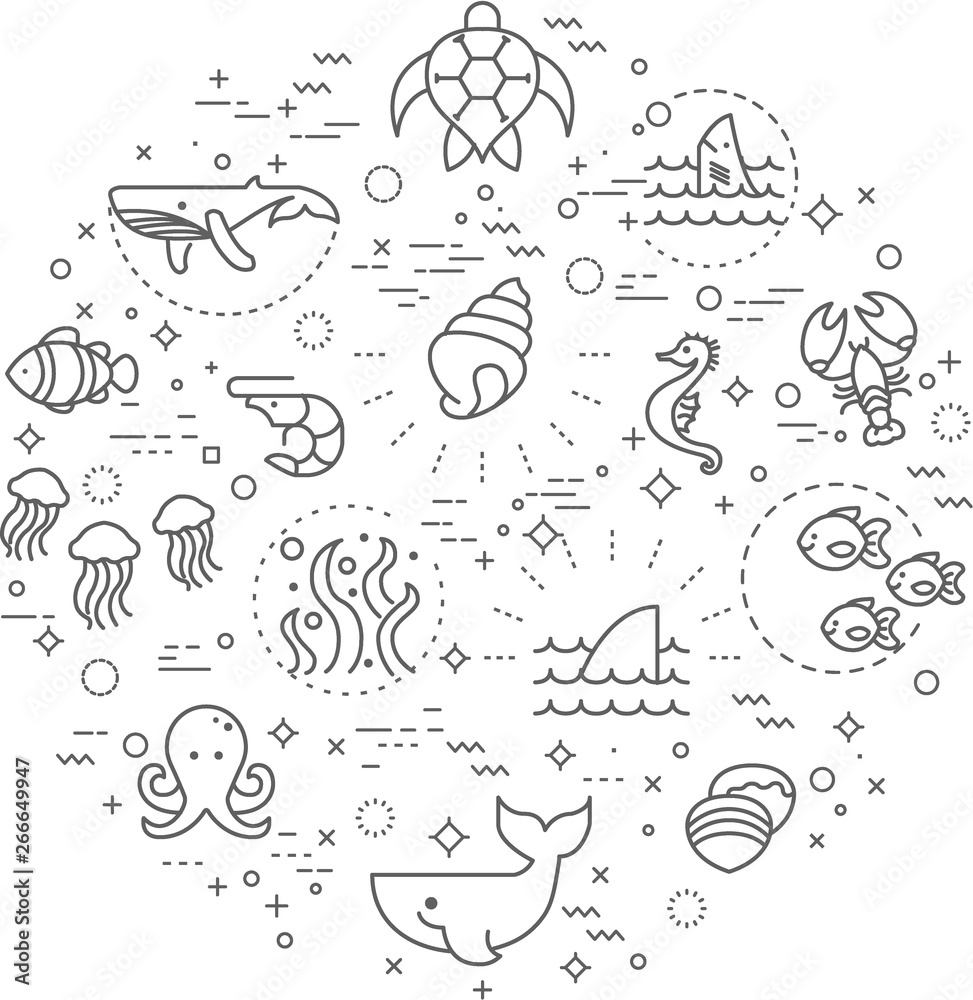 Simple Set of sea life and ocean Related Vector Line Illustration ...