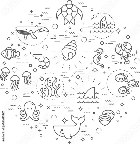 Simple Set of sea life and ocean Related Vector Line Illustration. Contains such Icons as Nautical Creatures, sea, ocean and more. Modern style line drawing and background color white. 