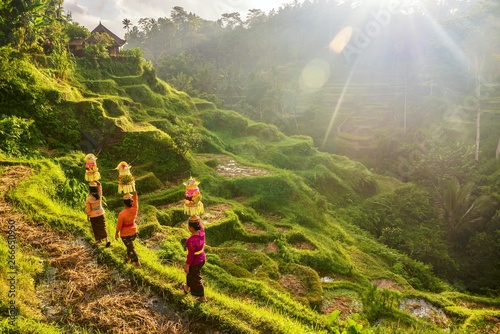 Traditional Balinese female ceremonial clothing and baskets of fruit for a temple offering.