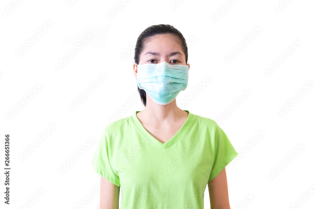 The woman wears a health mask. To prevent dust PM 2.5 and flu or contagious diseases. isolated on white background and clipping path. The woman wears a health mask. To prevent dust PM 2.5 and flu or contagious diseases. isolated on white background and clipping path.