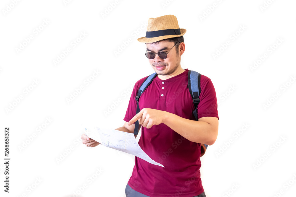 Asian male tourists carry backpacks. look at the map to learn about the holiday travel. isolated on white background and clipping path. Asian male tourists carry backpacks. look at the map to learn about the holiday travel. isolated on white background and clipping path.