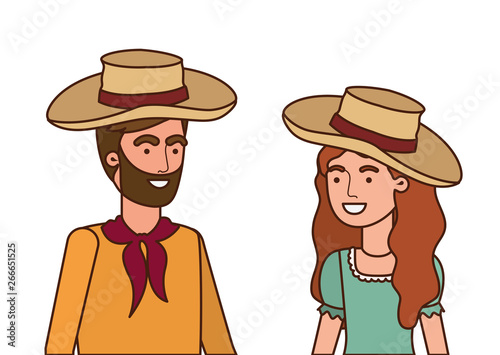 farmers couple talking with straw hat