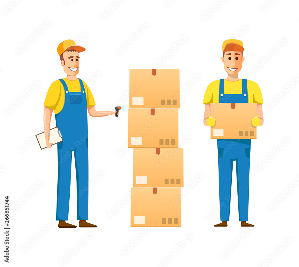 Employees of customs point, in branded clothes, check the goods. Employees of customs point, in branded clothes, check the goods.