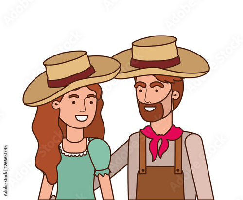 farmers couple talking with straw hat
