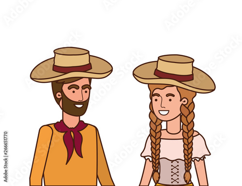 farmers couple talking with straw hat