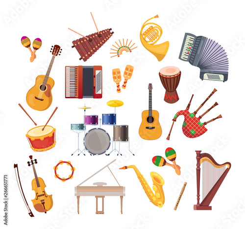 Set of various musical instruments for festivals, concerts, holidays.