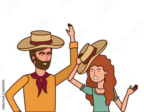 farmers couple talking with straw hat
