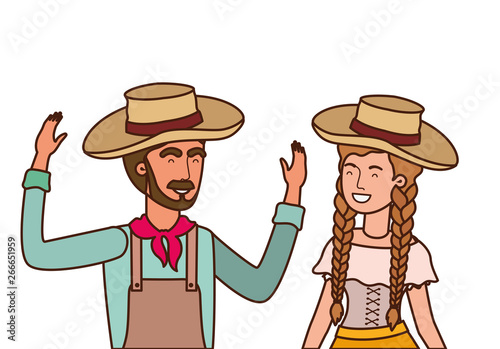 farmers couple talking with straw hat