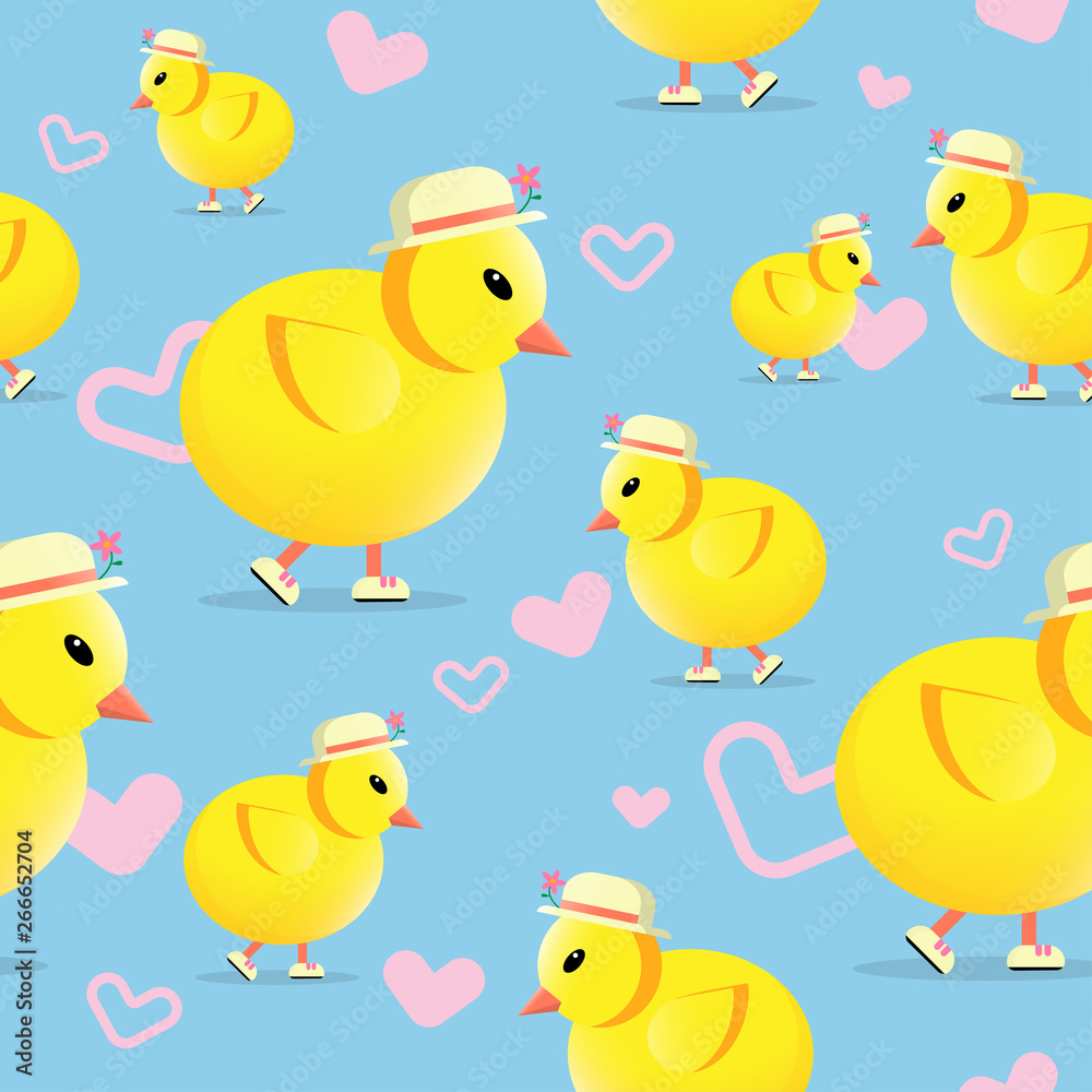 Cute little chickens with hearts seamless pattern background, vector illustration.