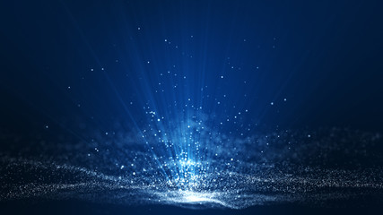 Abstract dark blue digital background with sparkling blue light particles and areas with deep depths Particles form into lines, surfaces and grids