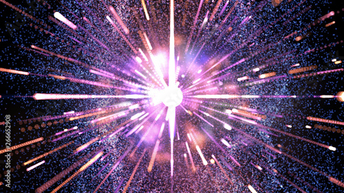 Digital dark blue abstract background with small blue light particles scattered throughout the area and the explosion of flares spreading into purple-pink light lines, areas with deep depths photo