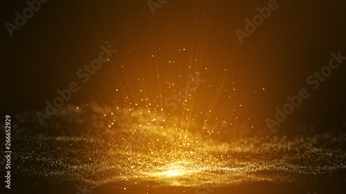 Digital dark brown abstract background with sparkling golden yellow light particles and areas with deep depths Particles form into lines, surfaces and grids