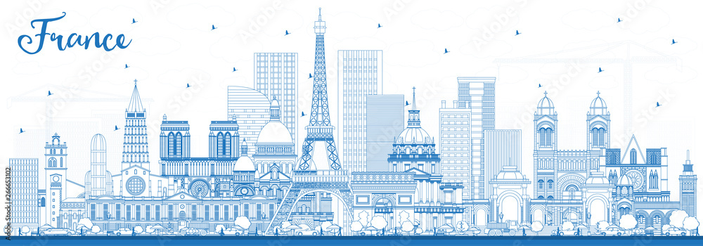 Outline France City Skyline with Blue Buildings.