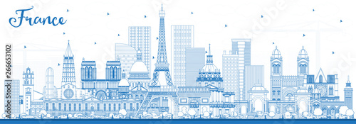Outline France City Skyline with Blue Buildings.