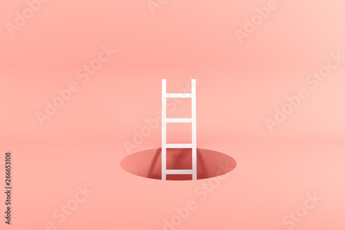 Outstanding white ladder standing inside hole on pink background. Minimal conceptual idea concept. 3D Render. photo