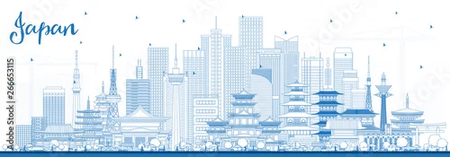 Obraz Zarys Witamy w japońskiej panoramie z niebieskimi budynkami.