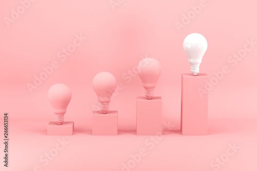 Outstanding white light bulb among pink light bulbs on bar chart on pink background. Minimal conceptual idea concept. 3D Render.