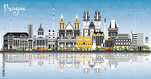 Prague Czech Republic City Skyline with Color Buildings, Blue Sky and Reflections.