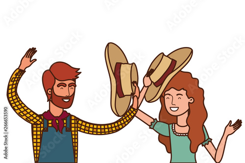 farmers couple talking with straw hat