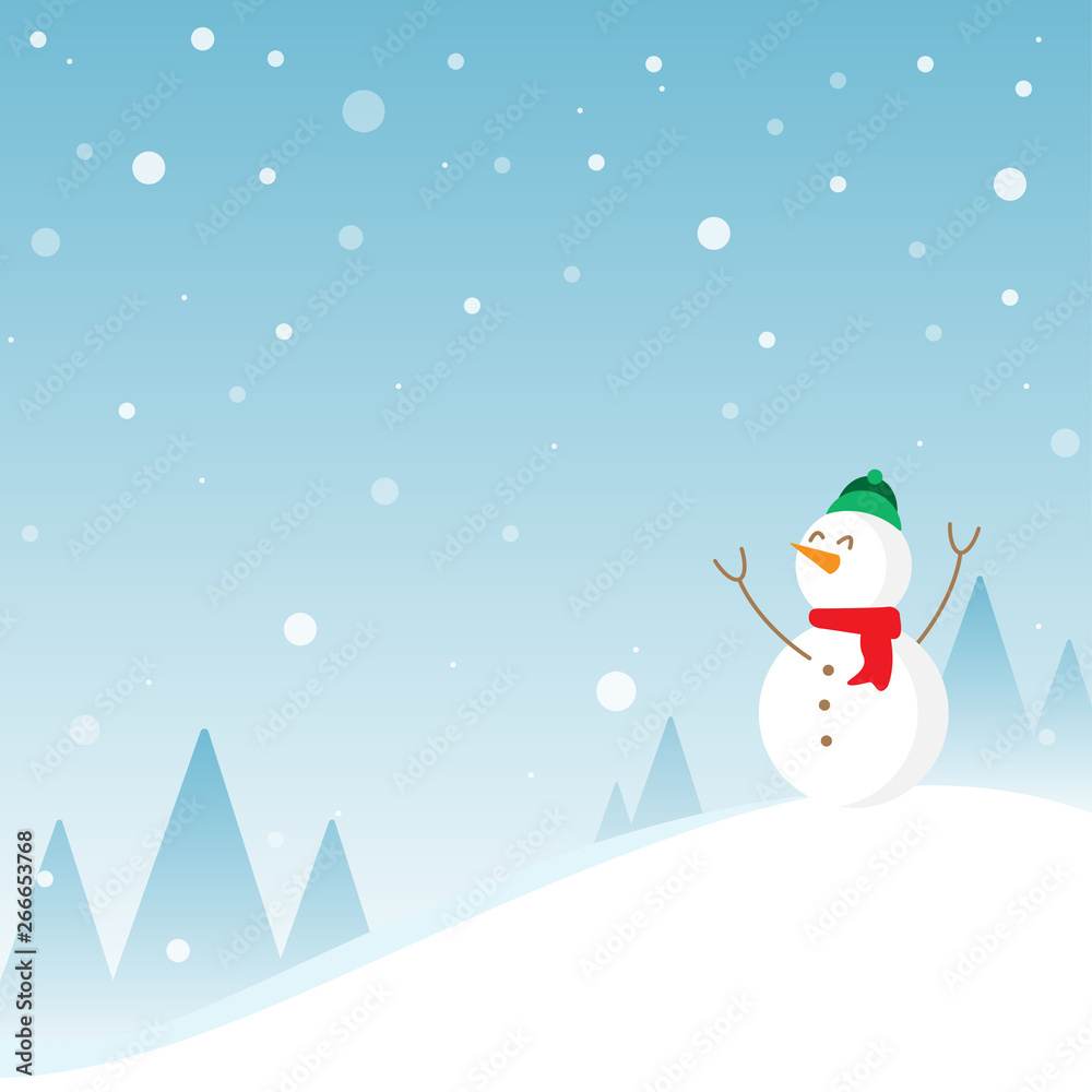 Snow man with winter landscape background, vector illustration.