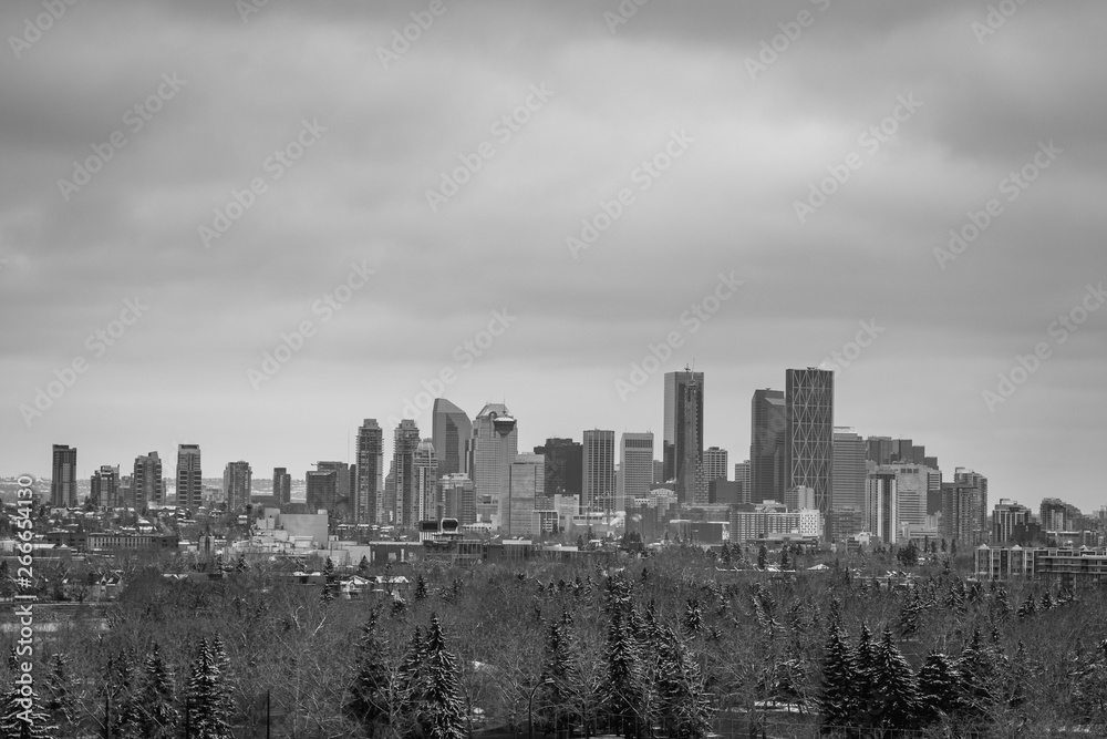 Monochrome of Calgary business district skyline
