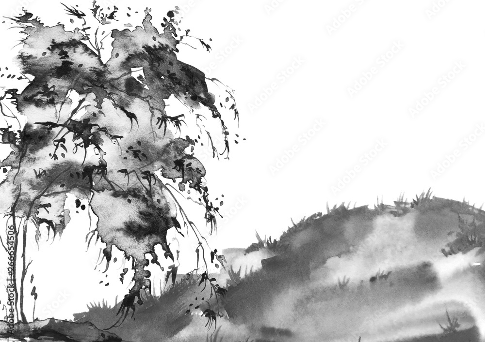 Fototapeta premium Watercolor banner, logo, postcard. Black silhouette of a tree, maple, oak, birch, poplar, linden,willow. Watercolor landscape, black splash of paint, abstract spots, beautiful drawing. Brush painting