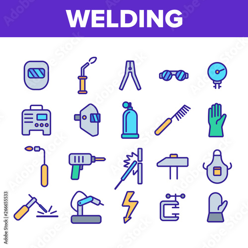 Welding Equipment Linear Icons Vector Set. Construction, Welding, Brazing Tools, Stuff Thin Line Icons Collection. Welders Instruments, Protective Gear. Manufacturing Isolated Outline Symbols