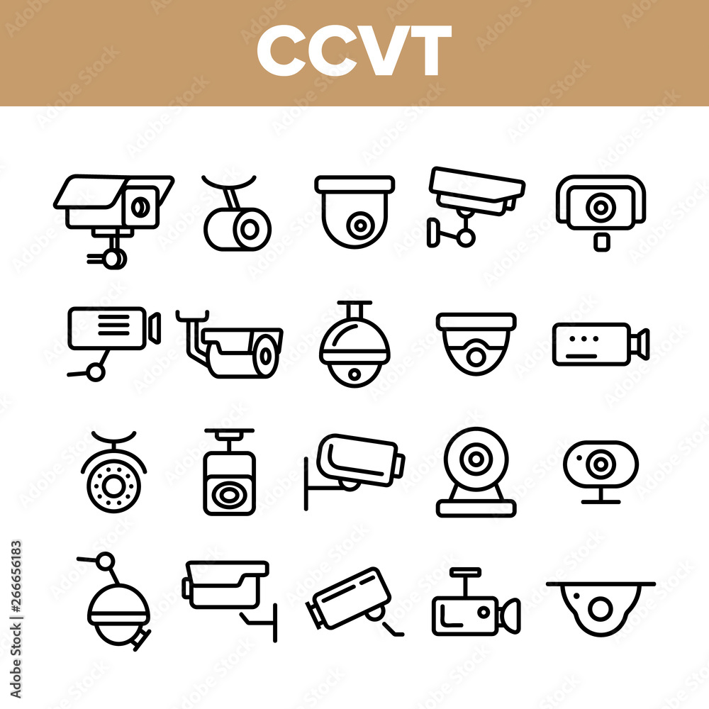 Surveillance Cameras, CCTV Linear Icons Vector Set. Security System