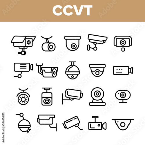 Surveillance Cameras, CCTV Linear Icons Vector Set. Security System, CCTV Thin Line Illustrations Collection. Home Safety Equipment. Wall, Ceiling Surveillance Cam Types Outline Symbols