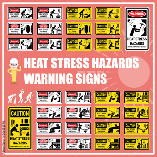 Set of safety signs and symbols of heat stress hazards for warning and remind people to care and aware while working at high temperature environment or hot weather. Heat stroke, Sun stroke.