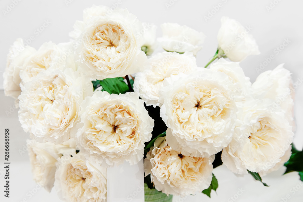 Exotic roses from white elite modern varieties in the bouquet as a gift. Background. Selective focus Exotic roses from white elite modern varieties in the bouquet as a gift. Background. Selective focus