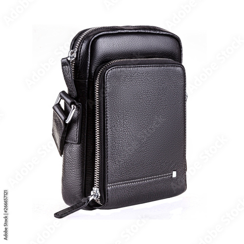 Modern leather black bag for man on white background