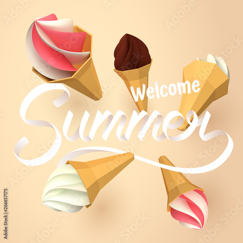 Paper art of ice cream with welcome summer calligraphy and lettering