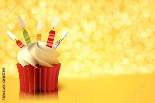 Paper art of the cup of cake on yellow background