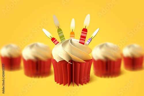 Paper art of the cup of cake on yellow background