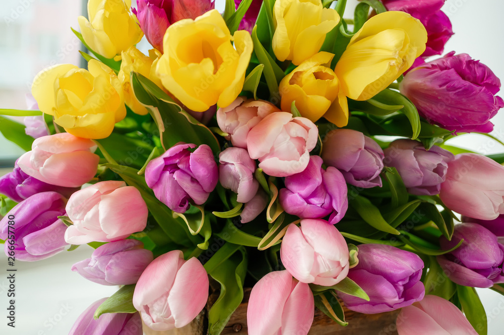 A beautiful bouquet of tulips with a white cup for tea. Close up A beautiful bouquet of tulips with a white cup for tea. Close up