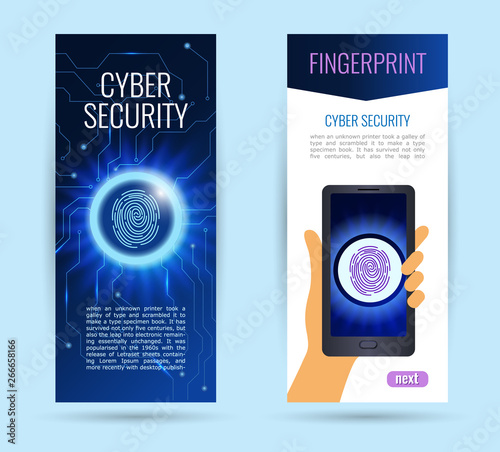 Set vertical Roll up information privacy idea or cyber data security. ingerprint scanning in a glowing circle. closed lock on dark blue background. vector illustration.