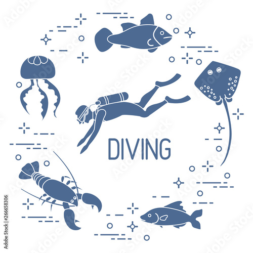 Diver, jellyfish, lobster, stingray, fish.