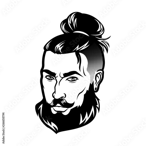 Vector bearded men face hipster head with haircuts, mustaches and beards. For Silhouettes or avatars, emblems and icons, labels