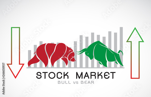 Vector of bull and bear symbols of stock market trends. The growing and falling market. Wild Animals.