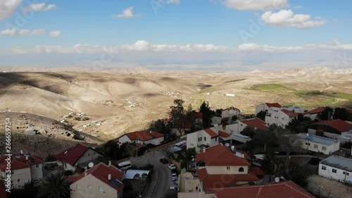 Houses Close to the desert Aerial view Drone shot of Houses Close to the desert in Israel city of Maale adumim photo