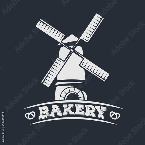 Bakery or bread shop logo, emblem with old Windmill. Vector illustration