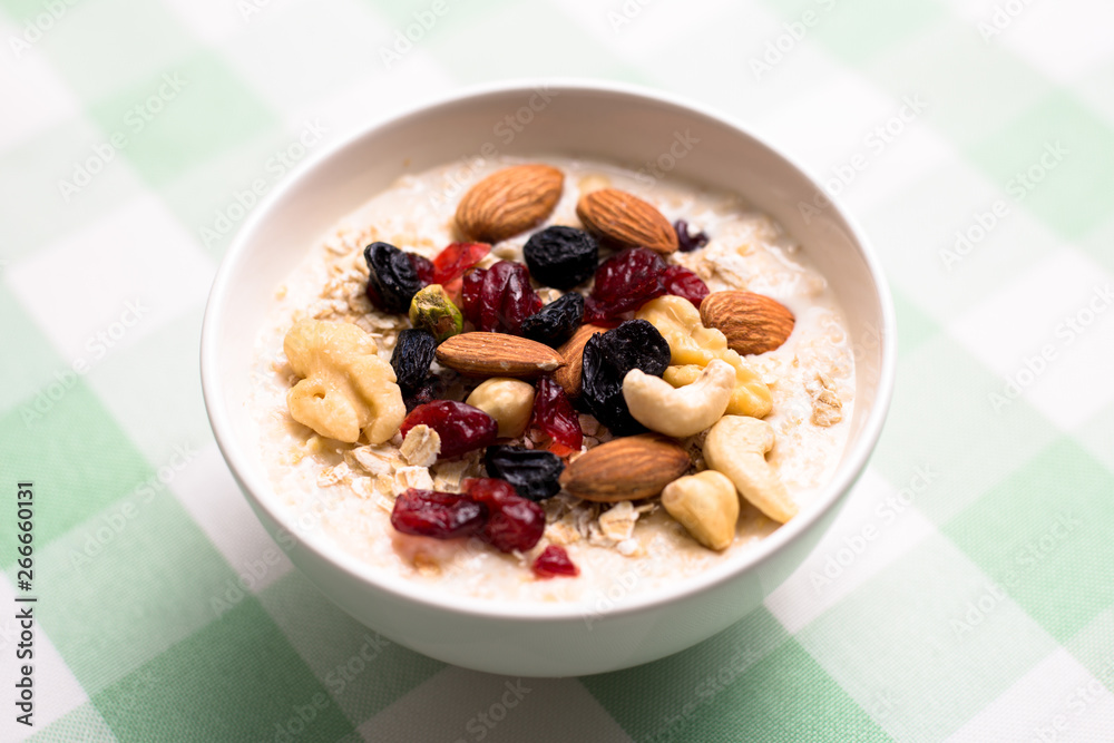 Healthy breakfast fresh granola muesli with milk and nuts Healthy breakfast fresh granola muesli with milk and nuts