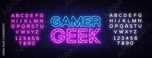 Gamer Geek Neon Text Vector. Gaming neon sign, design template, modern trend design, night signboard, night bright advertising, light banner, light art. Vector. Editing text neon sign