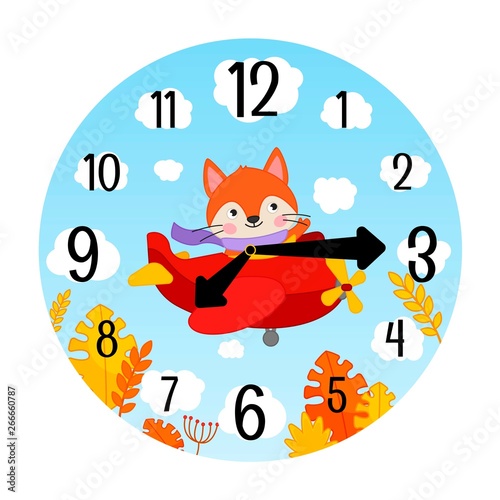 Vector template of children's watches. The basis of the clock for the children's room. Illustration of a cute little fox on an airplane