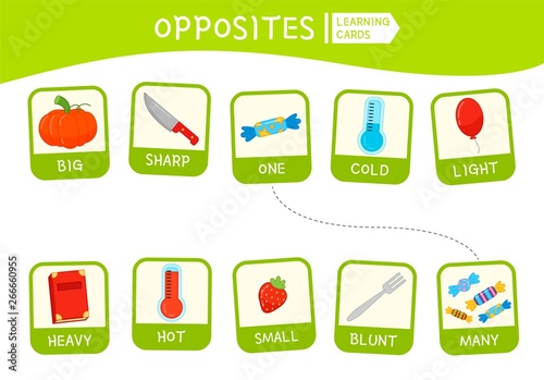 Matching children educational game. Match of opposites. Activity for pre sсhool years kids and toddlers.