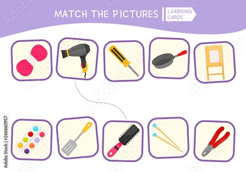Matching children educational game. Match of objects. Activity for pre sсhool years kids and toddlers.